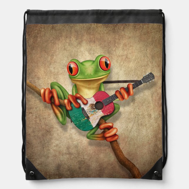 Tree Frog Playing Mexican Flag Guitar Drawstring Bag (Front)