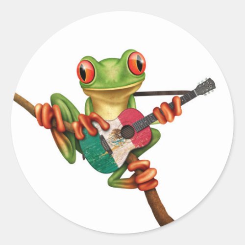 Tree Frog Playing Mexican Flag Guitar White Classic Round Sticker