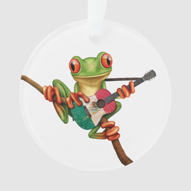Tree Frog Playing Mexican Flag Guitar White Ornament (Front)