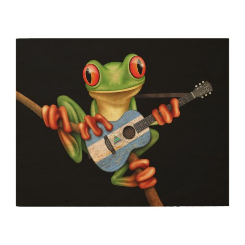 Tree Frog Playing Nicaraguan Flag Guitar Black Wood Wall Art