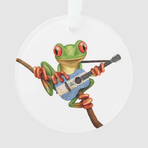 Tree Frog Playing Nicaraguan Flag Guitar White Ornament