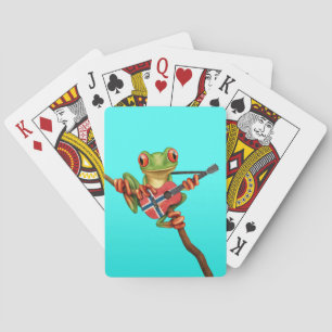 Tree Frog Playing Norwegian Flag Guitar Blue Poker Cards