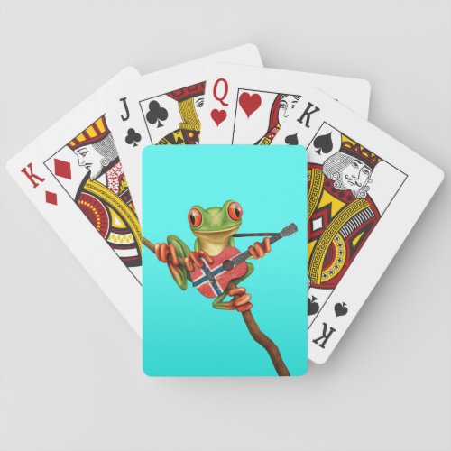 Tree Frog Playing Norwegian Flag Guitar Blue Poker Cards