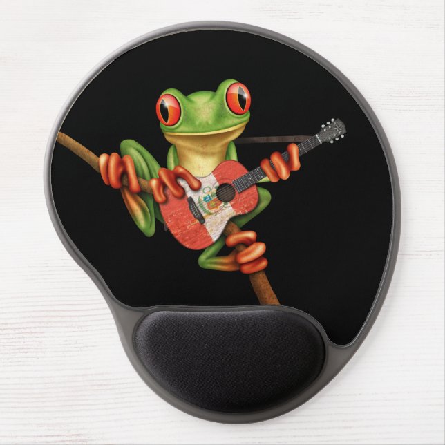 Tree Frog Playing Peruvian Flag Guitar Black Gel Mouse Pad (Front)
