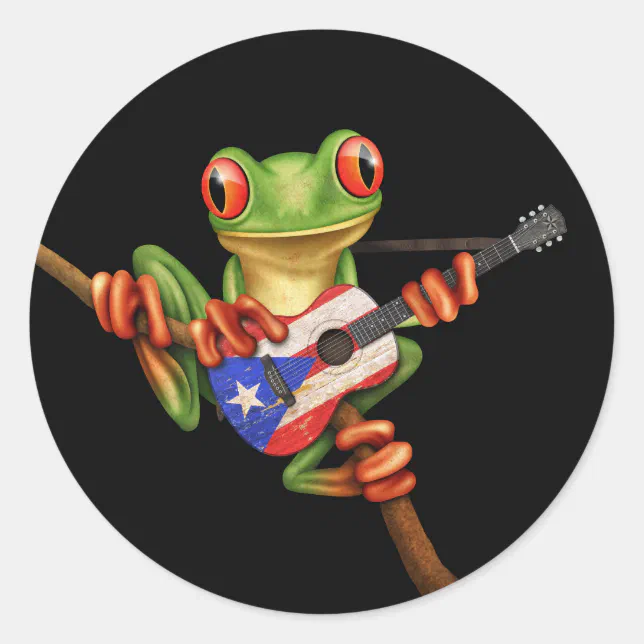 Tree Frog Playing Puerto Rico Flag Guitar Black Classic Round Sticker ...