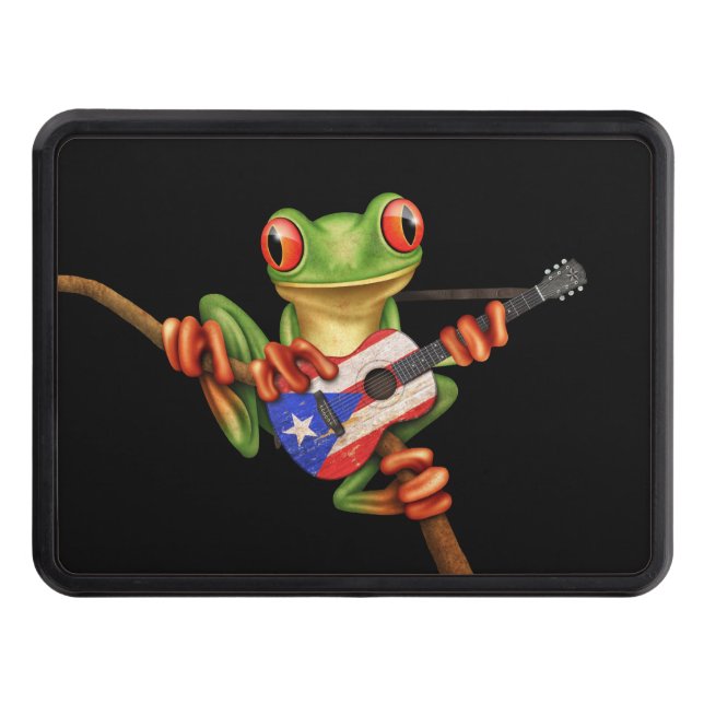 Tree Frog Playing Puerto Rico Flag Guitar Black Hitch Cover (Front)