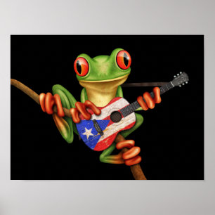Tree Frog Playing Puerto Rico Flag Guitar Black Poster
