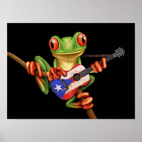 Tree Frog Playing Puerto Rico Flag Guitar Black Poster