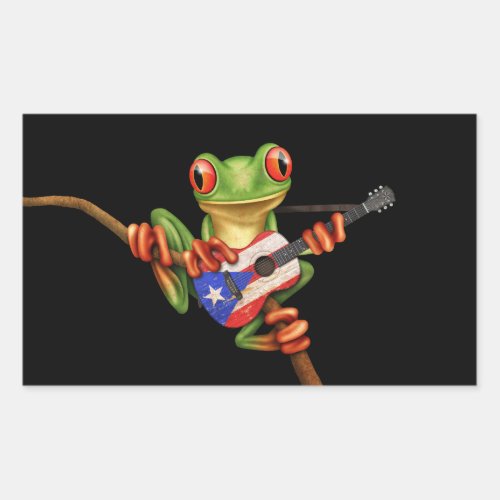 Tree Frog Playing Puerto Rico Flag Guitar Black Rectangular Sticker