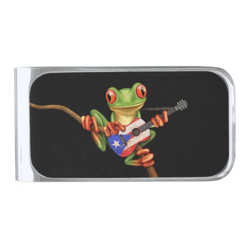 Tree Frog Playing Puerto Rico Flag Guitar Black Silver Finish Money Clip