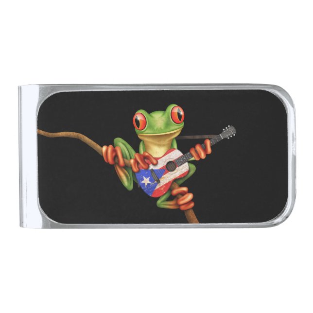 Tree Frog Playing Puerto Rico Flag Guitar Black Silver Finish Money Clip (Front)