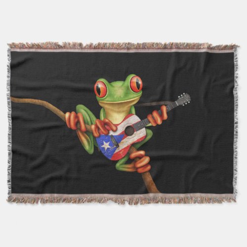 Tree Frog Playing Puerto Rico Flag Guitar Black Throw Blanket