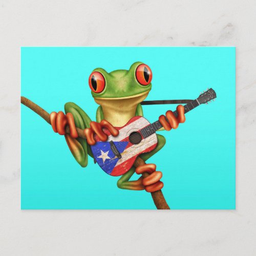 Tree Frog Playing Puerto Rico Flag Guitar Blue Postcard