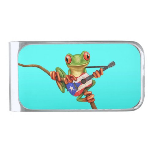 Tree Frog Playing Puerto Rico Flag Guitar Blue Silver Finish Money Clip