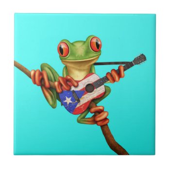 Tree Frog Playing Puerto Rico Flag Guitar Blue Tile by crazycreatures at Zazzle