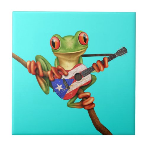 Tree Frog Playing Puerto Rico Flag Guitar Blue Tile