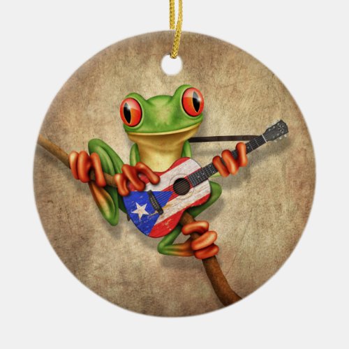 Tree Frog Playing Puerto Rico Flag Guitar Ceramic Ornament