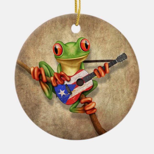 Tree Frog Playing Puerto Rico Flag Guitar Ceramic Ornament (Front)