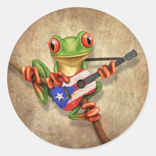 Tree Frog Playing Puerto Rico Flag Guitar Classic Round Sticker ...