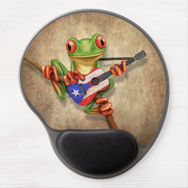 Tree Frog Playing Puerto Rico Flag Guitar Gel Mouse Pad (Front)