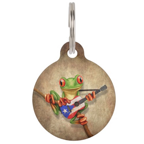 Tree Frog Playing Puerto Rico Flag Guitar Pet ID Tag