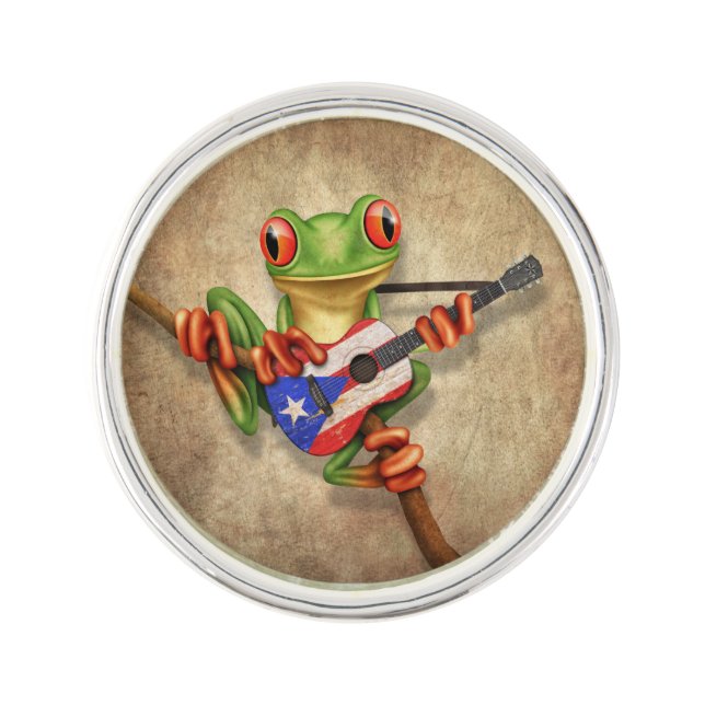 Tree Frog Playing Puerto Rico Flag Guitar Pin (Front)