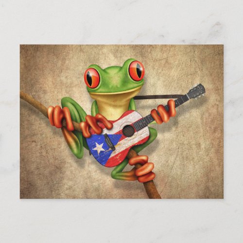 Tree Frog Playing Puerto Rico Flag Guitar Postcard