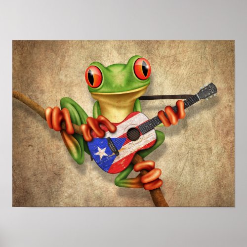 Tree Frog Playing Puerto Rico Flag Guitar Poster