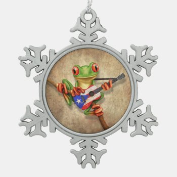 Tree Frog Playing Puerto Rico Flag Guitar Snowflake Pewter Christmas Ornament by crazycreatures at Zazzle