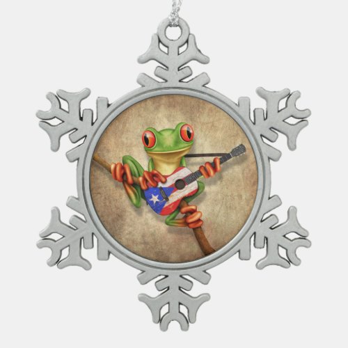 Tree Frog Playing Puerto Rico Flag Guitar Snowflake Pewter Christmas Ornament