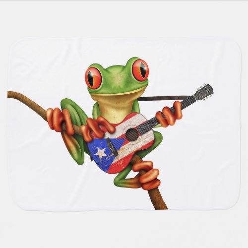 Tree Frog Playing Puerto Rico Flag Guitar White Baby Blanket