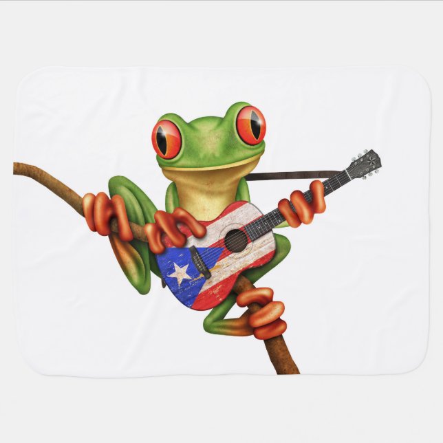 Tree Frog Playing Puerto Rico Flag Guitar White Baby Blanket (Horizontal)