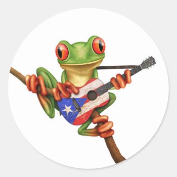 Tree Frog Playing Puerto Rico Flag Guitar White Classic Round Sticker by crazycreatures at Zazzle