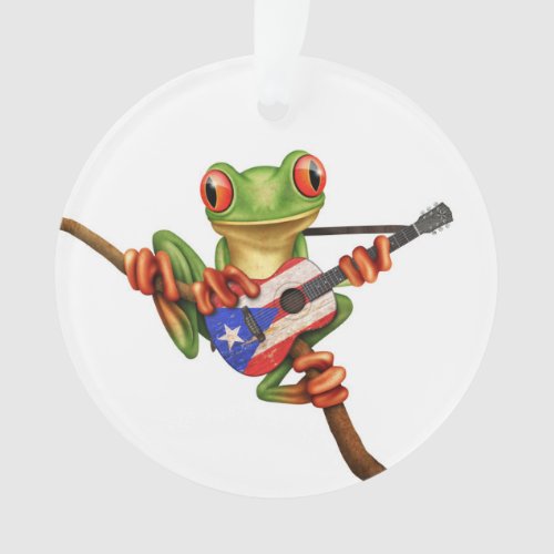 Tree Frog Playing Puerto Rico Flag Guitar White Ornament