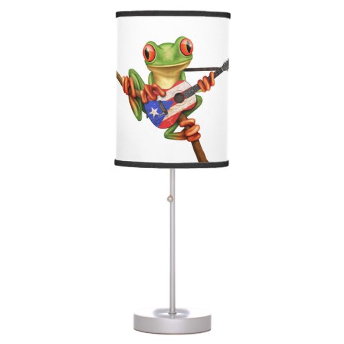 Tree Frog Playing Puerto Rico Flag Guitar White Table Lamp