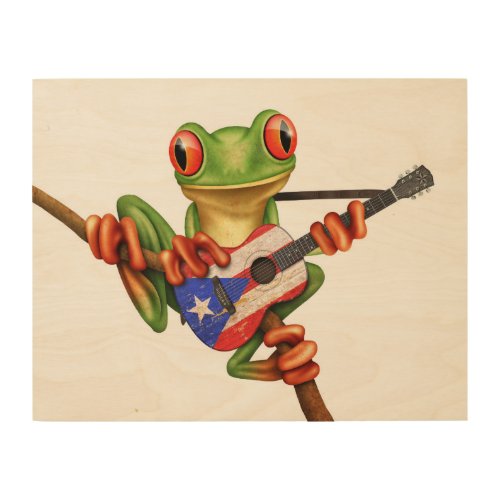 Tree Frog Playing Puerto Rico Flag Guitar White Wood Wall Art
