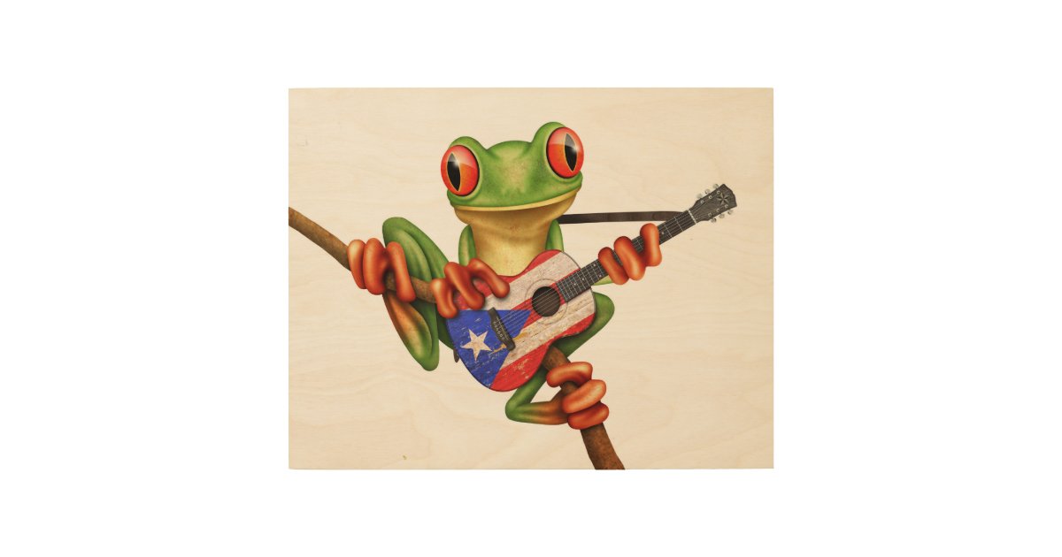 Tree Frog Playing Puerto Rico Flag Guitar White Wood Wall Art