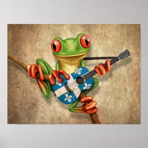 Tree Frog Playing Quebec Flag Guitar Poster