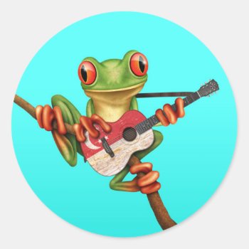 Tree Frog Playing Singapore Flag Guitar Blue Classic Round Sticker by crazycreatures at Zazzle