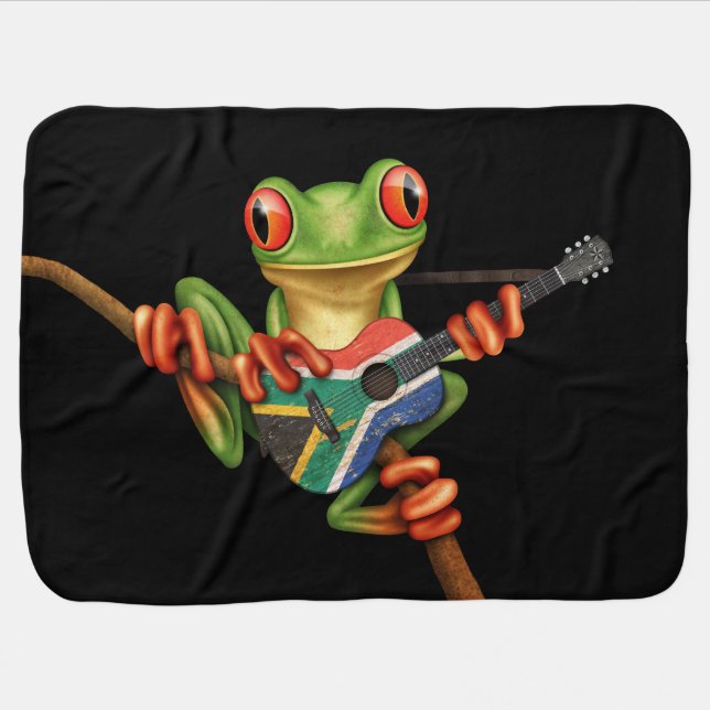 Tree Frog Playing South African Flag Guitar Black Receiving Blanket (Horizontal)