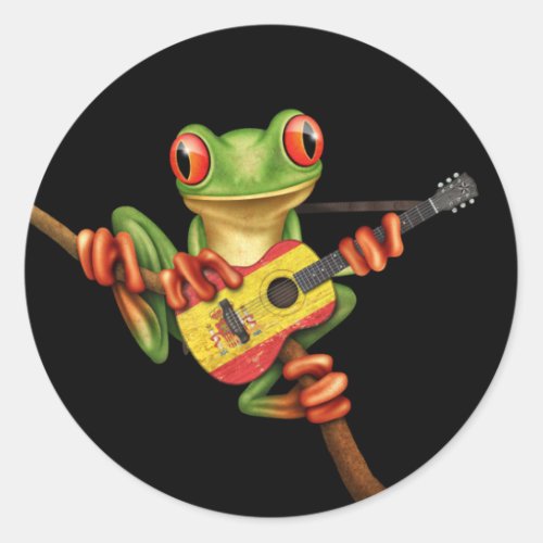 Tree Frog Playing Spanish Flag Guitar Black Classic Round Sticker