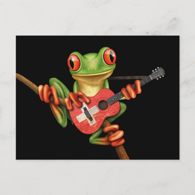 Tree Frog Playing Swiss Flag Guitar Black Postcard (Front)
