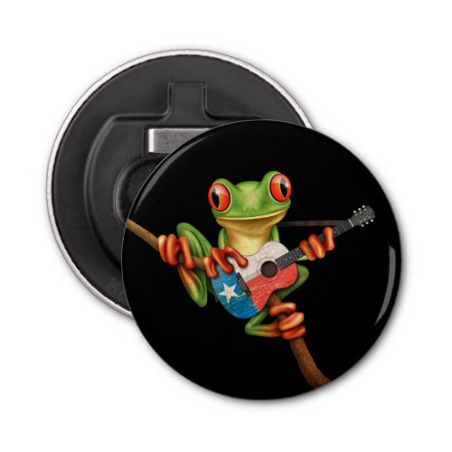 Tree Frog Playing Texas Flag Guitar Black Bottle Opener