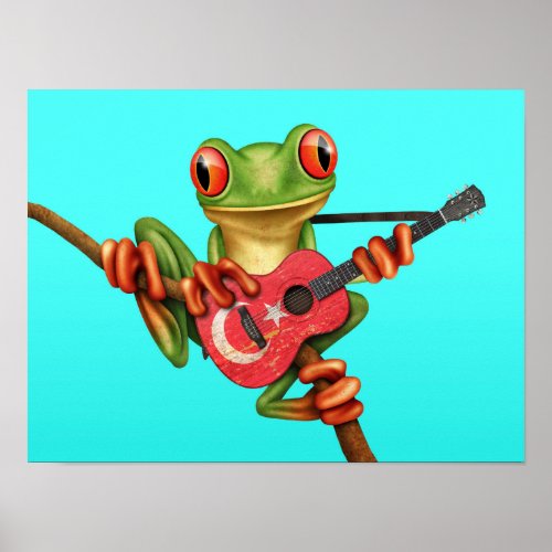 Tree Frog Playing Turkish Flag Guitar Blue Poster