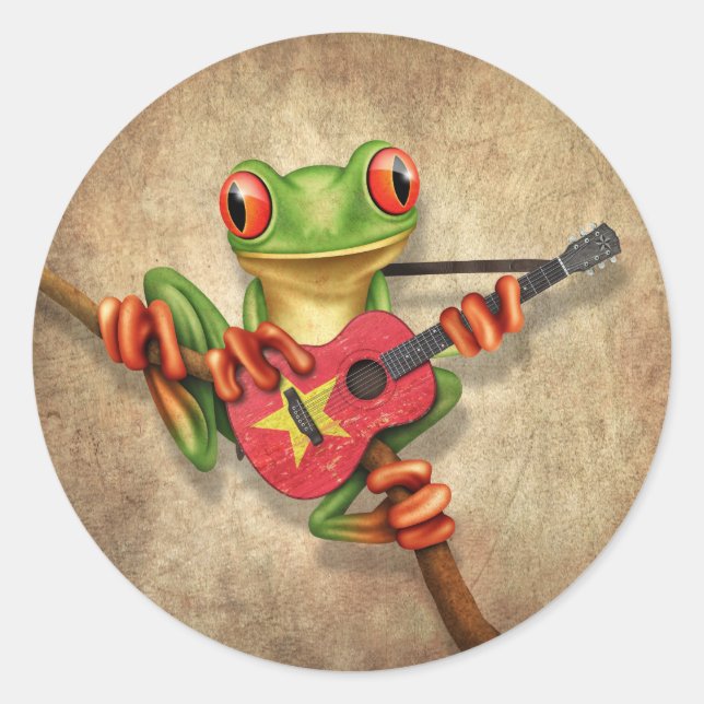 Tree Frog Playing Vietnamese Flag Guitar Classic Round Sticker (Front)