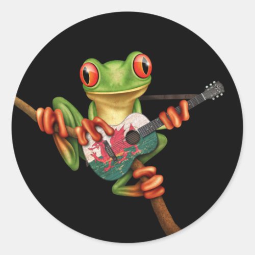 Tree Frog Playing Welsh Flag Guitar Black Classic Round Sticker