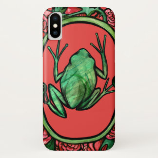 Tree Frog Roses cute red rose froggy art frogs iPhone X Case