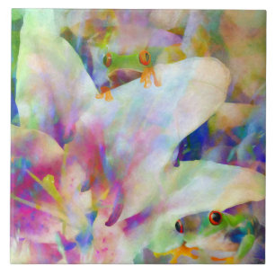 Tree Frogs and Lilies Ceramic Tile