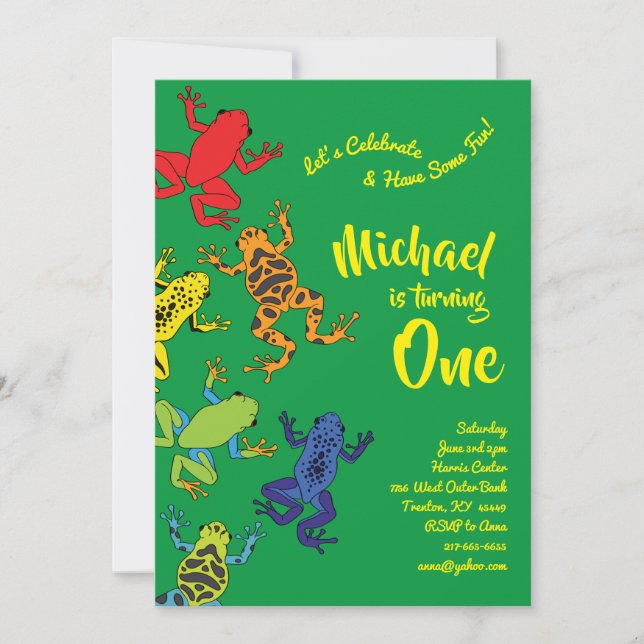 Tree Frogs Colorful 1st Birthday Cute Invitations (Front)