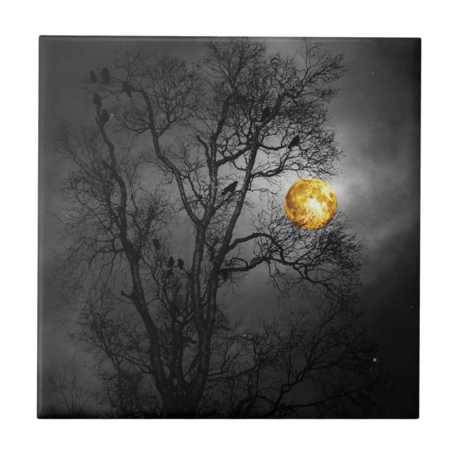 Tree full of ravens with a full moon. ceramic tile (Front)